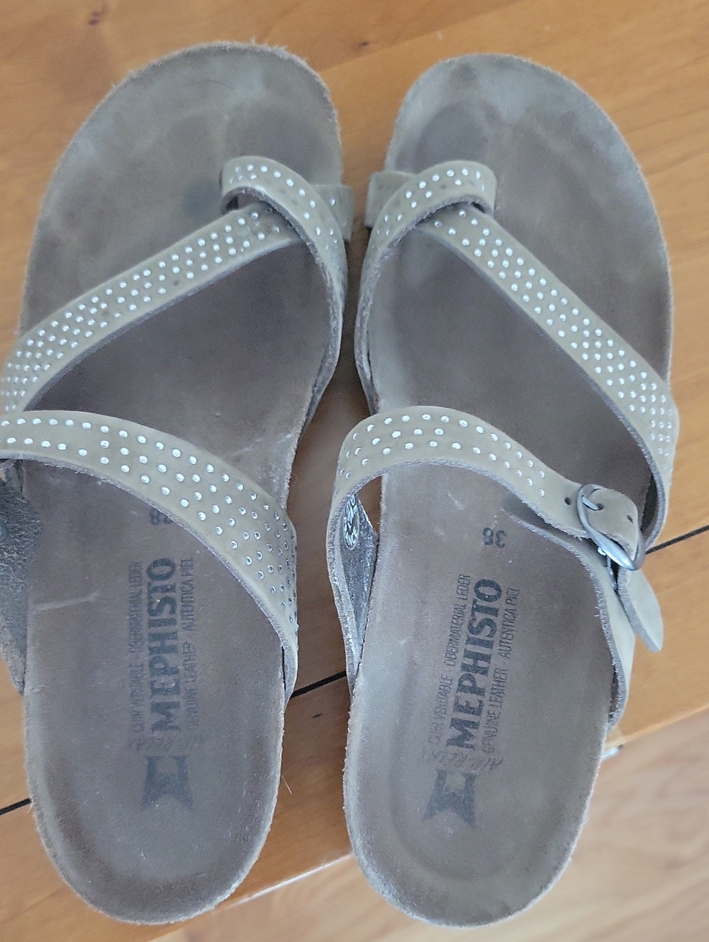 Mephisto Women's Taupe Suede Studded Thong Sandals